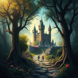 Create a captivating book cover featuring a mysterious forest with a hidden path leading to an ancient castle