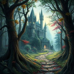 Create a captivating book cover featuring a mysterious forest with a hidden path leading to an ancient castle