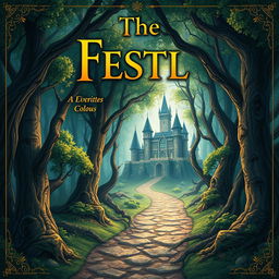 Create a captivating book cover featuring a mysterious forest with a hidden path leading to an ancient castle