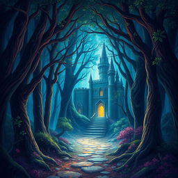 Create a captivating book cover featuring a mysterious forest with a hidden path leading to an ancient castle