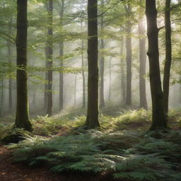 A dense, mystical forest where the wind gently rustles the leaves creating a whispering ambiance, bathed in soft morning light filtering from above.