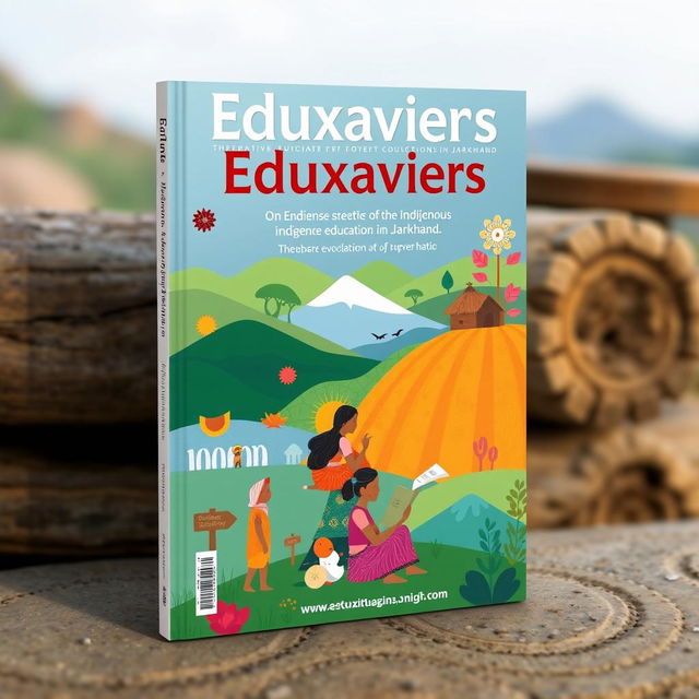 Design a book cover for a magazine titled 'Eduxaviers' based on the theme of indigenous education in Jharkhand