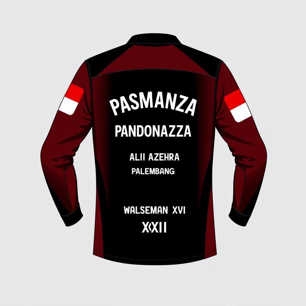 A long-sleeve Paskibra shirt design featuring maroon, black, and white colors