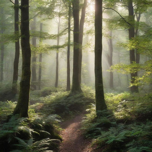 A dense, mystical forest where the wind gently rustles the leaves creating a whispering ambiance, bathed in soft morning light filtering from above.