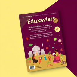 Design a book cover for a magazine titled 'Eduxaviers' based on the theme of indigenous education in Jharkhand