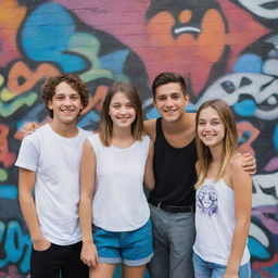 Four best friends, three boys and one girl, standing shoulder-to-shoulder in front of a vibrant, graffiti-covered wall in an urban setting. They are all smiling, showing their bond and camaraderie.