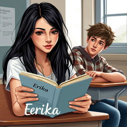 Create a book cover for a high school romance novel featuring two main characters: Erika and Dean