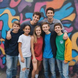 Four best friends, three boys and one girl, standing shoulder-to-shoulder in front of a vibrant, graffiti-covered wall in an urban setting. They are all smiling, showing their bond and camaraderie.