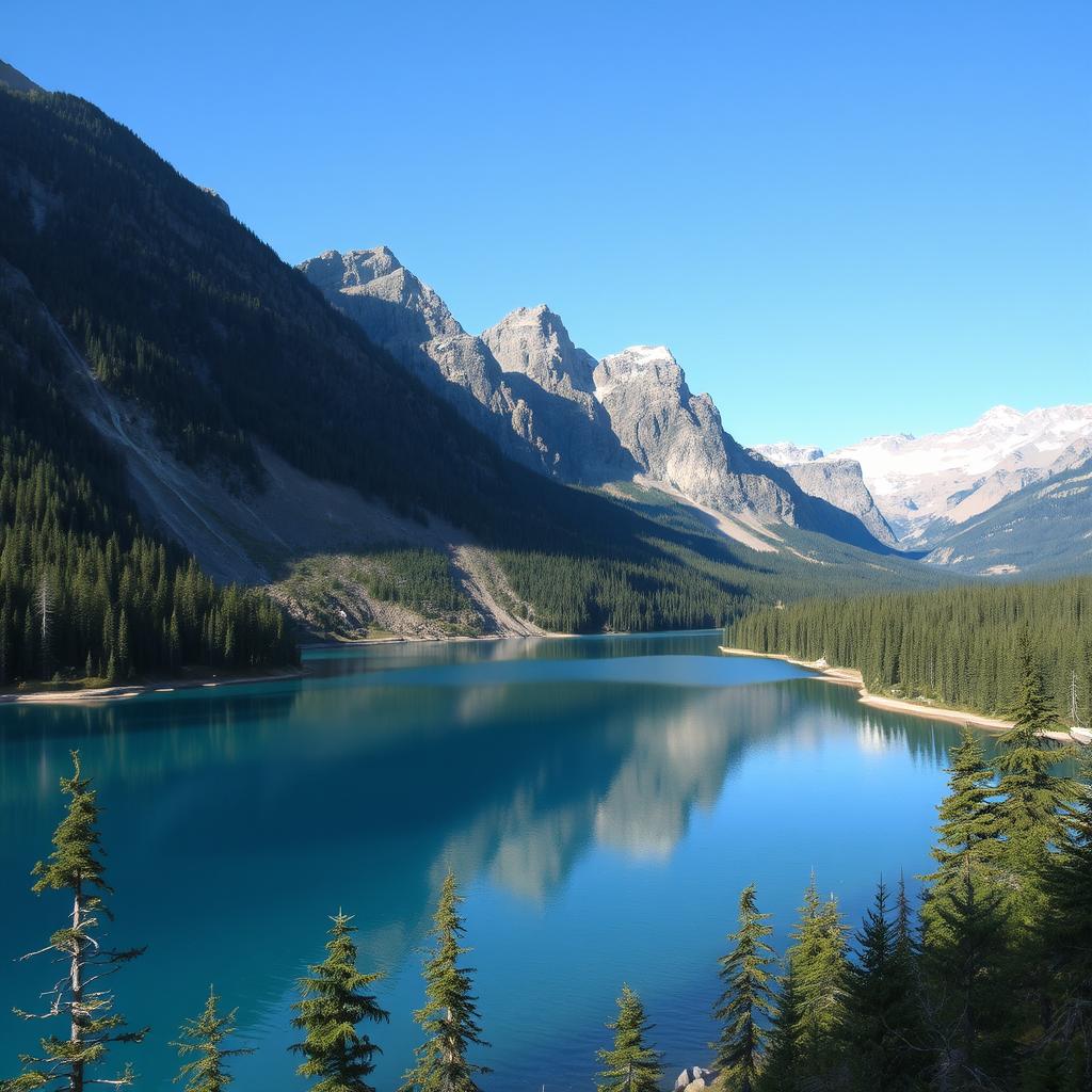 A beautiful landscape featuring a serene lake surrounded by mountains and lush forests under a clear blue sky