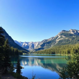 A beautiful landscape featuring a serene lake surrounded by mountains and lush forests under a clear blue sky
