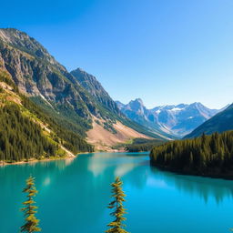 A beautiful landscape featuring a serene lake surrounded by mountains and lush forests under a clear blue sky