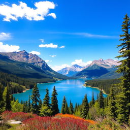 A beautiful landscape featuring a serene lake surrounded by mountains and lush forests under a clear blue sky