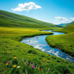 A serene landscape featuring a clear blue sky, gentle rolling hills covered in lush green grass, and a sparkling river winding through the scene