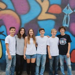 Four best friends, three boys and one girl, standing shoulder-to-shoulder in front of a vibrant, graffiti-covered wall in an urban setting. They are all smiling, showing their bond and camaraderie.