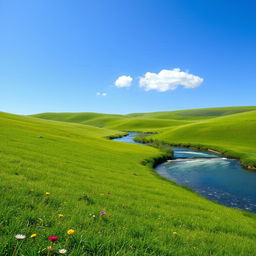 A serene landscape featuring a clear blue sky, gentle rolling hills covered in lush green grass, and a sparkling river winding through the scene