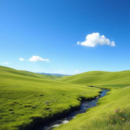 A serene landscape featuring a clear blue sky, gentle rolling hills covered in lush green grass, and a sparkling river winding through the scene