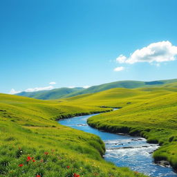 A serene landscape featuring a clear blue sky, gentle rolling hills covered in lush green grass, and a sparkling river winding through the scene