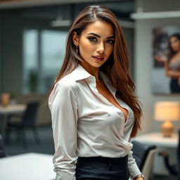 A stylish office girl dressed in professional attire with a deep shirt revealing some cleavage