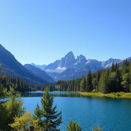 A serene landscape featuring a clear blue lake surrounded by lush green trees, with a majestic mountain range in the background under a bright, clear sky