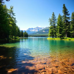 A serene landscape featuring a clear blue lake surrounded by lush green trees, with a majestic mountain range in the background under a bright, clear sky