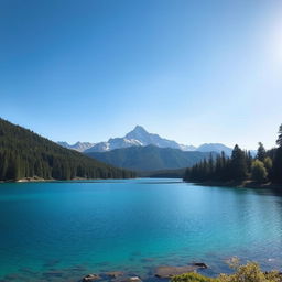 A serene landscape featuring a clear blue lake surrounded by lush green trees, with a majestic mountain range in the background under a bright, clear sky