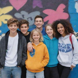 Four best friends, three boys and one girl, standing shoulder-to-shoulder in front of a vibrant, graffiti-covered wall in an urban setting. They are all smiling, showing their bond and camaraderie.