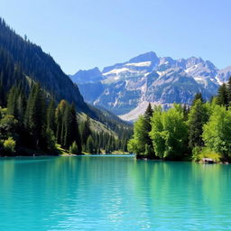 A serene landscape featuring a clear blue lake surrounded by lush green trees, with a majestic mountain range in the background under a bright, clear sky