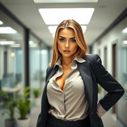 A front view of a stylish office girl dressed in professional attire with a deep shirt revealing some cleavage