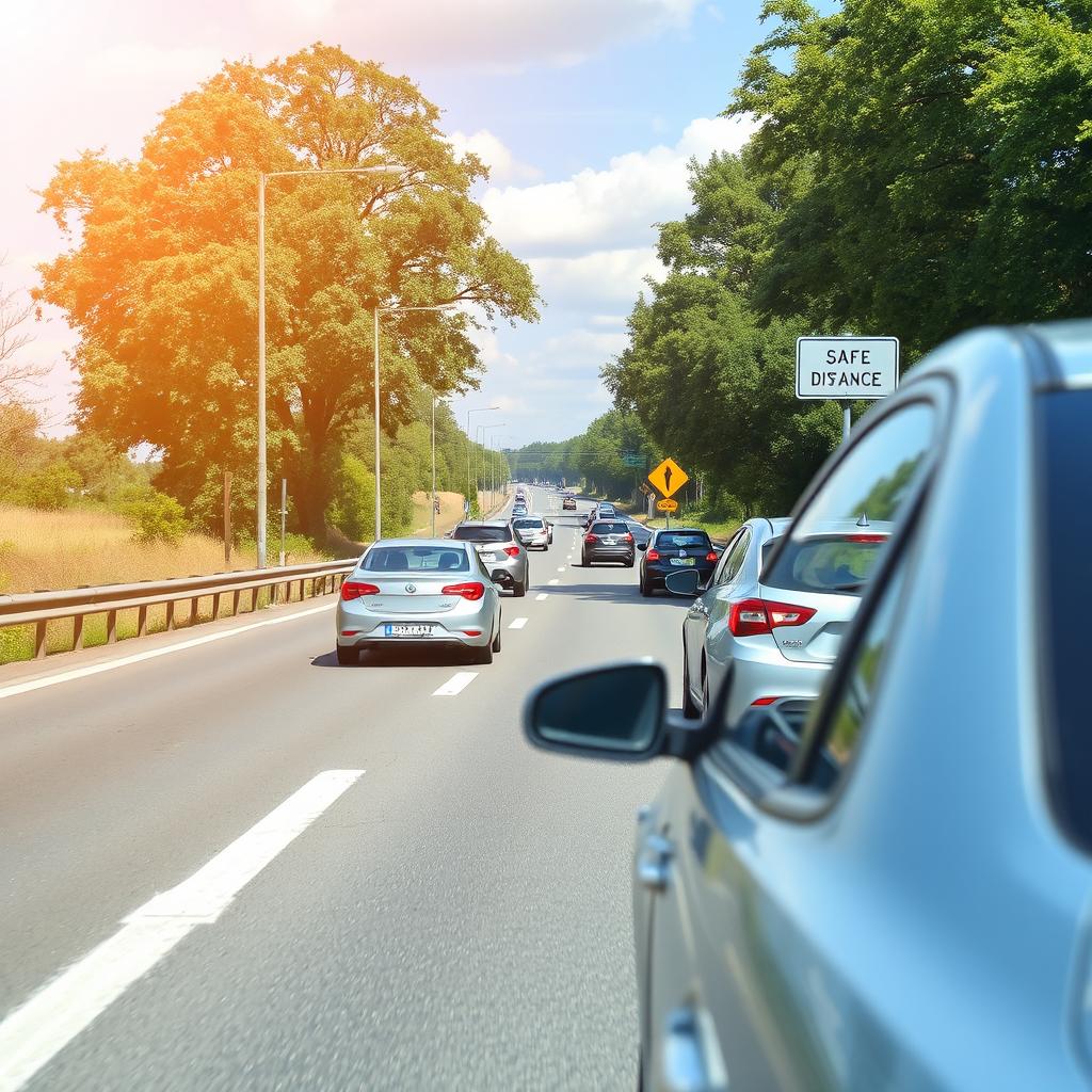 A peaceful road scene showcasing safe driving