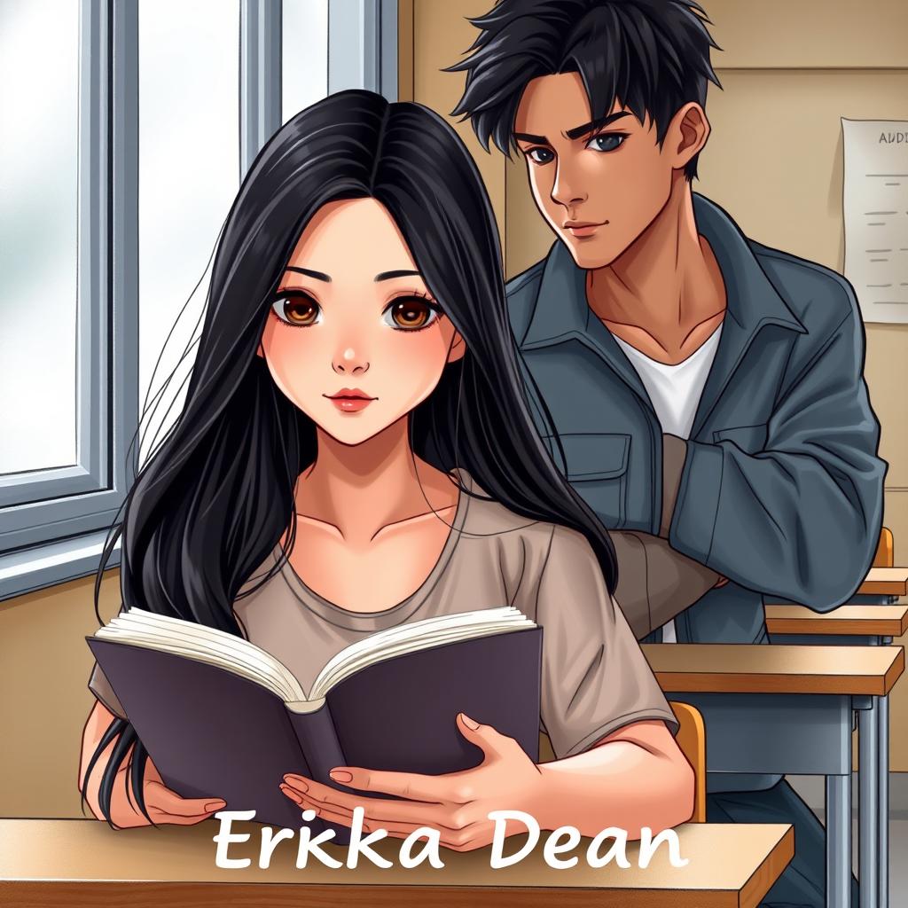 Create a book cover for a high school romance novel featuring two main characters: Erika and Dean