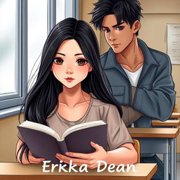 Create a book cover for a high school romance novel featuring two main characters: Erika and Dean