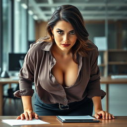 A front view of a stylish office girl dressed in a loose shirt revealing deep cleavage