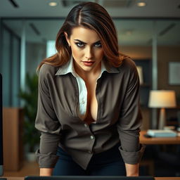 A front view of a stylish office girl dressed in a loose shirt with deep cleavage, bent over a desk