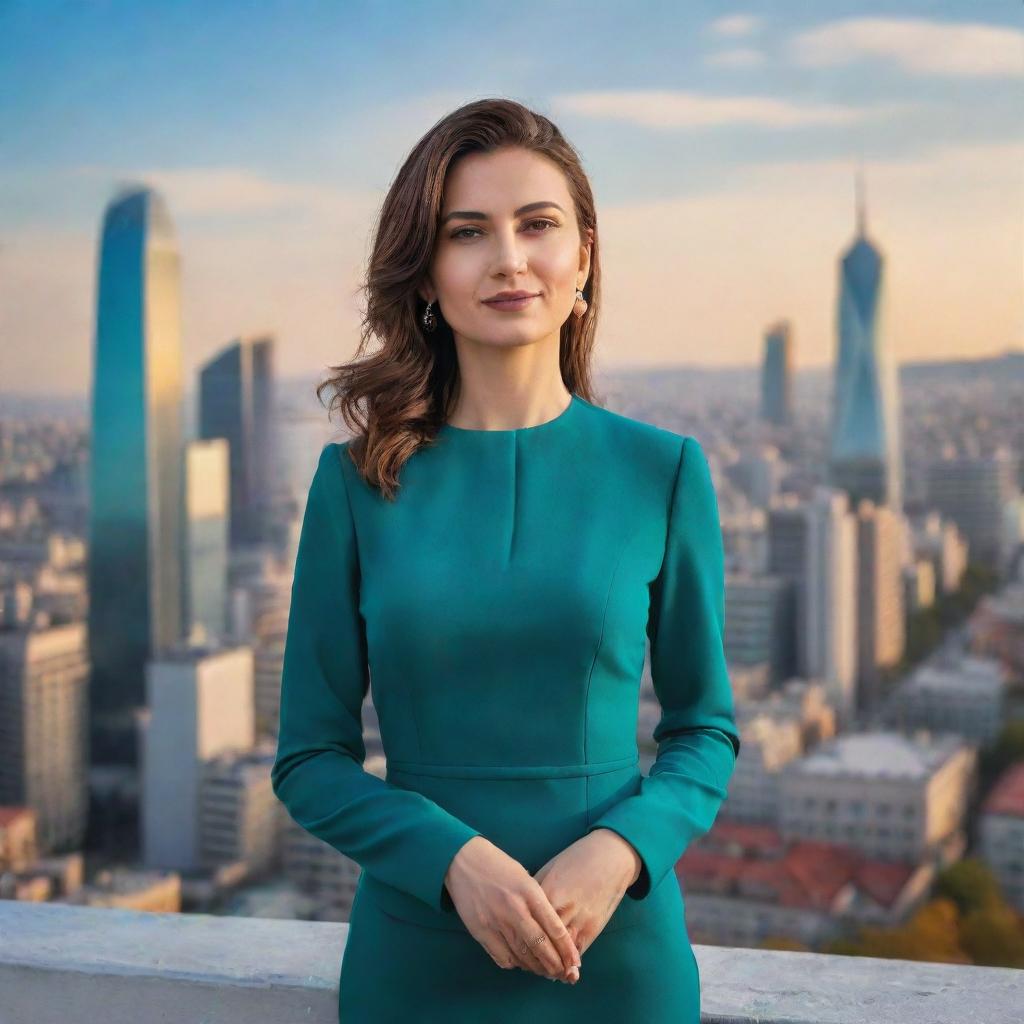 A beautifully rendered portrait of a confident woman named Ceyda Kasabalı in an elegant outfit, standing against a vibrant cityscape background.