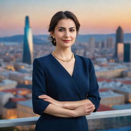 A beautifully rendered portrait of a confident woman named Ceyda Kasabalı in an elegant outfit, standing against a vibrant cityscape background.