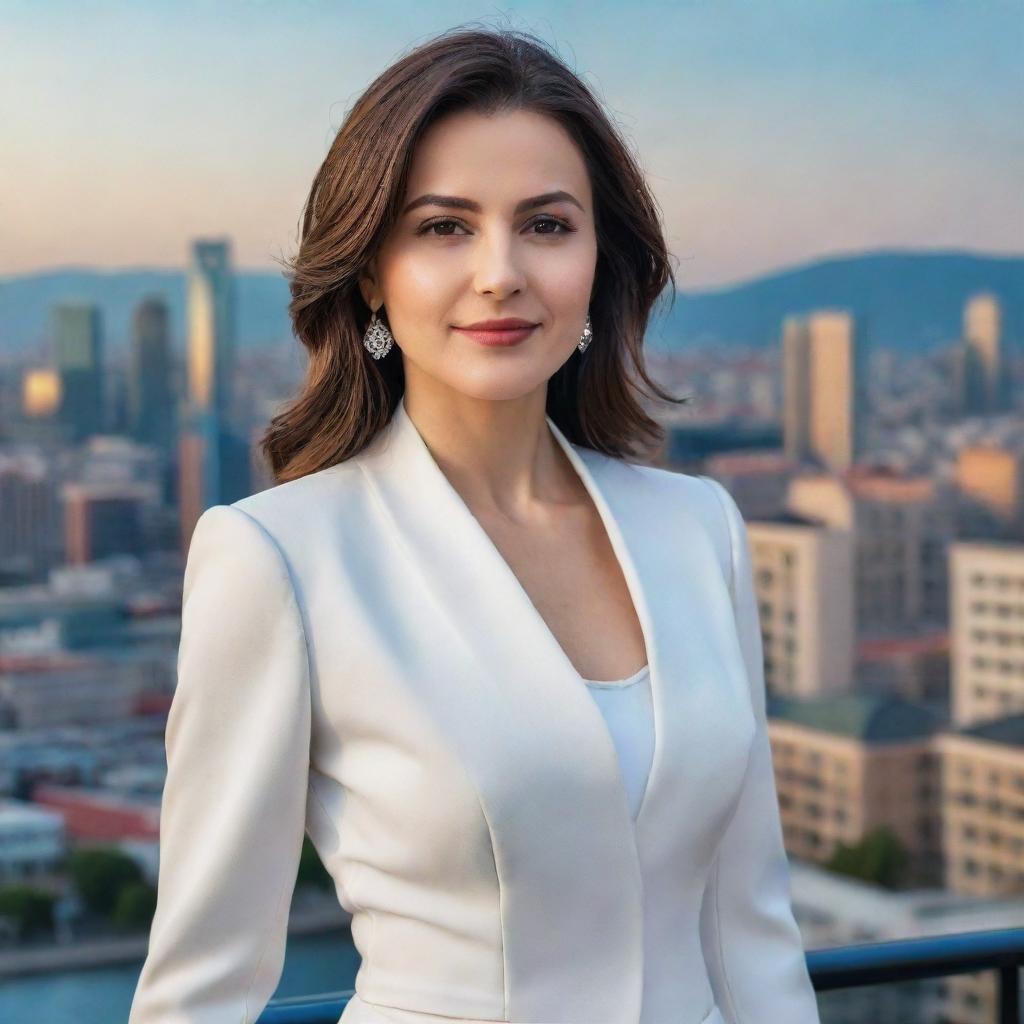 A beautifully rendered portrait of a confident woman named Ceyda Kasabalı in an elegant outfit, standing against a vibrant cityscape background.