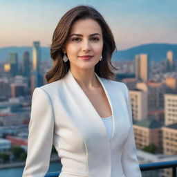 A beautifully rendered portrait of a confident woman named Ceyda Kasabalı in an elegant outfit, standing against a vibrant cityscape background.