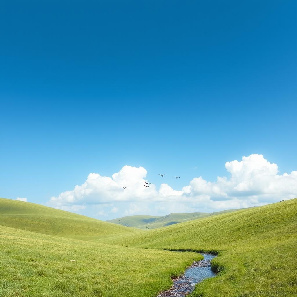 An image featuring a serene landscape with rolling green hills, a clear blue sky, and a few fluffy white clouds