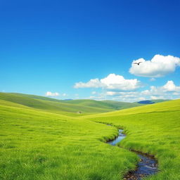 An image featuring a serene landscape with rolling green hills, a clear blue sky, and a few fluffy white clouds