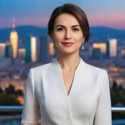 A beautifully rendered portrait of a confident woman named Ceyda Kasabalı in an elegant outfit, standing against a vibrant cityscape background.