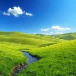 An image featuring a serene landscape with rolling green hills, a clear blue sky, and a few fluffy white clouds