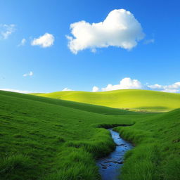 An image featuring a serene landscape with rolling green hills, a clear blue sky, and a few fluffy white clouds