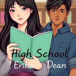 Create a book cover for a high school romance novel featuring two main characters: Erika and Dean