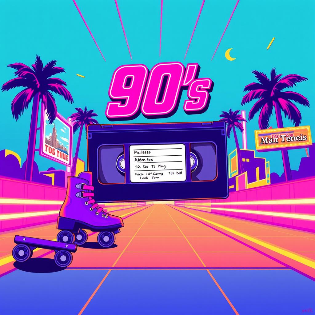 Create a vibrant and nostalgic 90's movie poster featuring bold colors, dynamic typography, and iconic elements from the 1990s