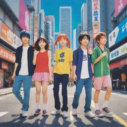 An anime-style depiction of four best friends, three boys and one girl, in vibrant colors. They are all in unique, dynamic poses indicative of their distinct personalities, set against a stylized Tokyo city background.