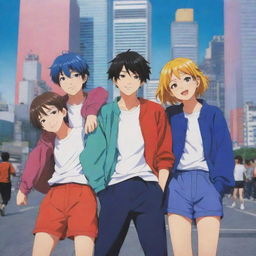 An anime-style depiction of four best friends, three boys and one girl, in vibrant colors. They are all in unique, dynamic poses indicative of their distinct personalities, set against a stylized Tokyo city background.