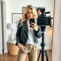 A confident blonde woman posing stylishly in front of a camera, sharing her outfit and style with her followers on social media