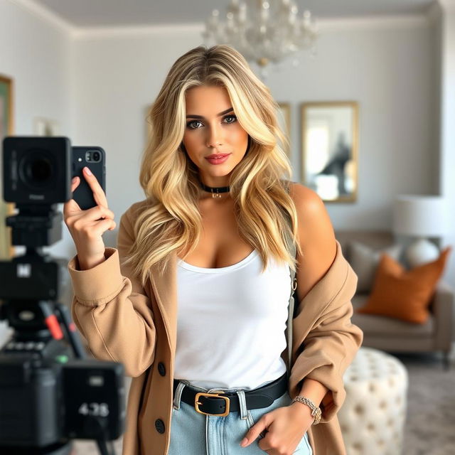 A confident blonde woman posing stylishly in front of a camera, sharing her outfit and style with her followers on social media