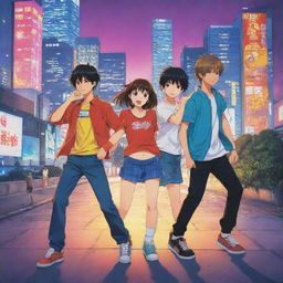 An anime-style depiction of four best friends, three boys and one girl, in vibrant colors. They are all in unique, dynamic poses indicative of their distinct personalities, set against a stylized Tokyo city background.