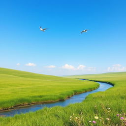 A serene landscape featuring a clear blue sky, lush green meadows, and a gentle river flowing through the scene